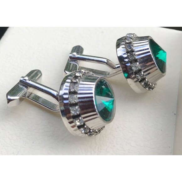 Vintage Cufflinks Silver Tone Green Rhinestone Pair St Patricks Day Wedding Form - Picture 4 of 7